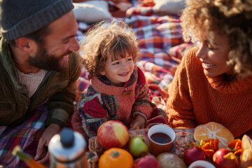 Joyful family picnic with child and fruits
