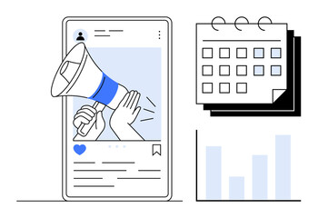 Mobile screen displays social media post with megaphone. Adjacent are a calendar and a bar graph. Ideal for content strategy, online marketing, scheduling, social media, data analytics, campaign