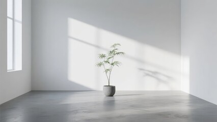 Minimalist Room with Potted Plant and Sunlight Streaming Through Window