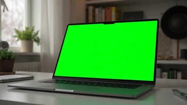 Laptop with green screen on desk in a modern home