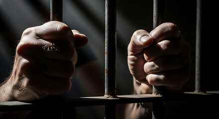 Businessman's hands are cuffed behind bars, a concept of corporate crime and punishment