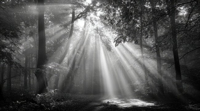 Sunlight streams through a misty forest (1)