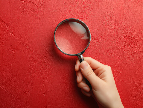 Female hand holding magnifying glass on red textured background, top view