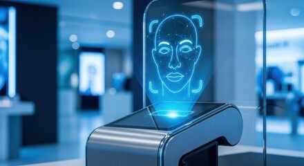 Biometric face recognition scanner with digital facial hologram. Secure payment terminal for smart retail and access control. Concept of future technology.