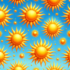 Seamless sun pattern on bright blue golden sunbursts; high-res tileable repeat for wallpaper, fabric, gift wrap, stationery, summer branding, app backgrounds; bold sunny celestial texture.