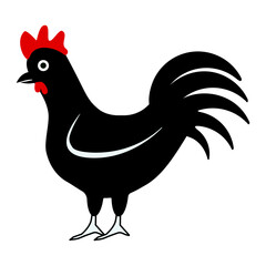 Simple rooster icon with black body, red comb, curved tail feathers, and minimal details, suitable for farm, poultry, or food-related design