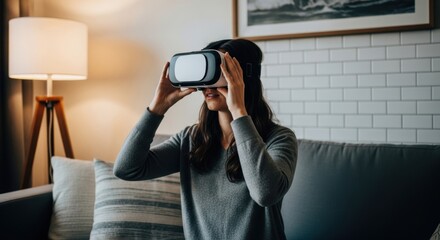 Young caucasian female experiencing virtual reality in cozy living room setting