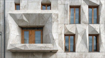 Fototapeta premium Facade of a modern building with light gray stone, geometric patterns, and wooden windows