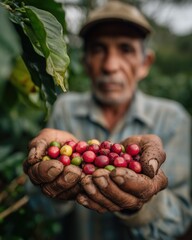 Colombian coffee farmer holding ripe cherries on Coffee Day, sunbeam highlighting weathered hands and soil, fair trade seal in bokeh, environmental portrait with empathy