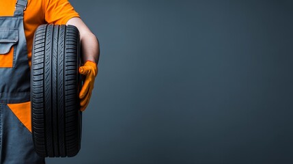 Mechanic Holding Car Tire in Workshop Setting