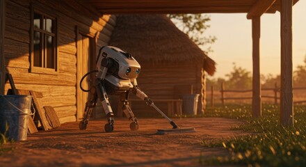 A small, white quadrupedal robot with blue eyes sweeps a dirt floor outside rustic wooden houses at sunrise.  Long shadows stretch across the rural scene.  A peacefu