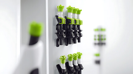 Wall-mounted dispensers with green caps and black handles in a clean, organized setting