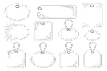 Elegant collection of blank vintage-style tags and labels, featuring ornate floral borders and various classic shapes, perfect for gifts, sales, or branding
