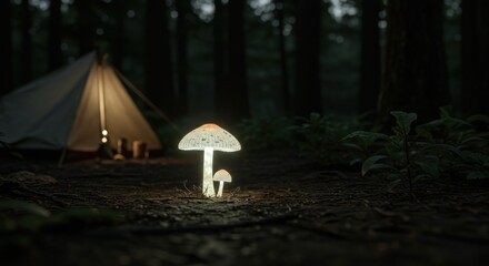 Glowing mushrooms illuminate a forest floor near a tent with its lights on, casting soft light in the dark woodland scene