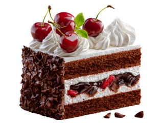  Top-Down Flat Lay of Black Forest Cake Slice with Decorative Plate and Fruit Garnish, Isolated on Transparent Background