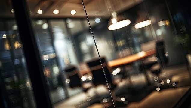 Blurry view of a modern meeting room at night through a glass partition - Powered by Adobe