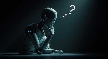 A reflective robot, rendered in cool tones, clutches its chin in thought with a question mark above, set against a dim, dramatic background