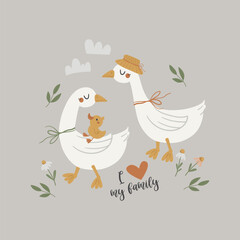 Children's poster with a cute family of geese. Ideal for decorating children's rooms, cards and other children's products