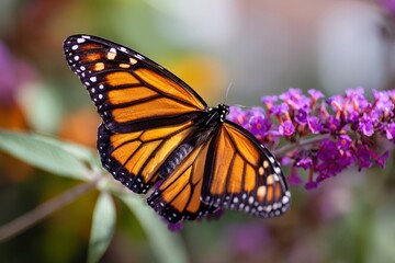 Fototapeta premium A monarch butterfly displays its striking orange and black wings while resting on purple blooms. This picturesque moment captures the beauty of nature in a serene garden