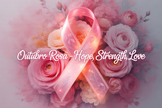 Pink ribbon symbol of Breast Cancer Awareness Month, with flowers and inspirational message of hope, strength and love