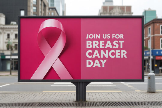 Breast Cancer Awareness Day billboard with pink ribbon on display in urban setting, supporting the fight against disease and promoting health