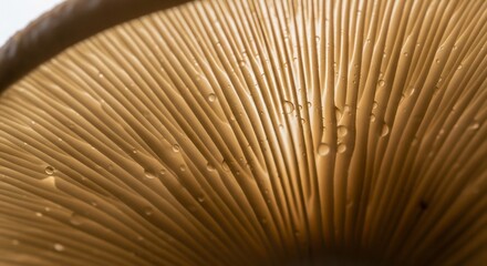 Close-up view of the gills of a mushroom, showing intricate details and texture.