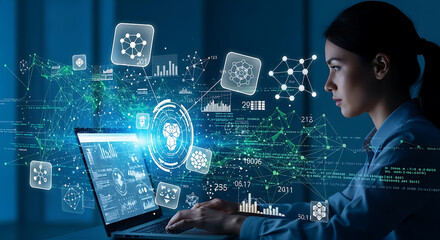 Woman working on laptop with data visualization and network connections in a futuristic setting