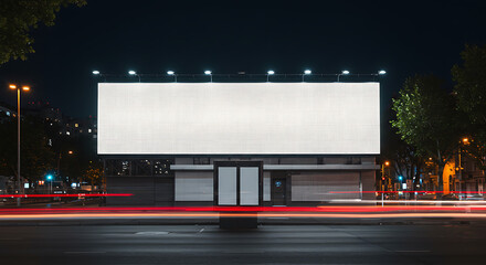 Illuminated billboard displaying text and graphics at night with streaking car lights isolated on white background