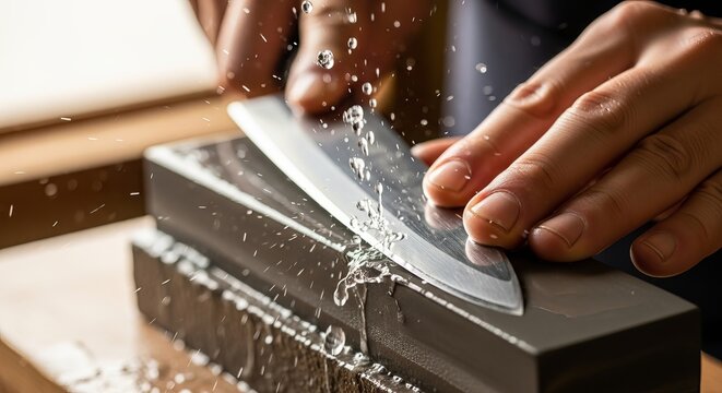 Sharpening knife with whetstone water drops close up professional kitchen tool steel blade - Powered by Adobe