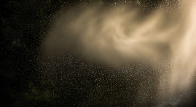 Atmospheric Golden Light Beam Revealing Fine Particles and Swirls in Dark Background, Ethereal Haze Effect - Powered by Adobe