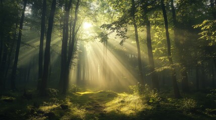 Obraz premium Sunlight streams through a misty forest, illuminating a path with golden rays.