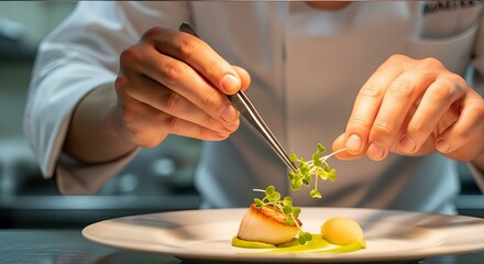 Chef preparing gourmet scallop dish with microgreens culinary art food plating skill