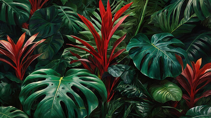 Fototapeta premium Featuring a dense arrangement of large, lush Colorful leaves.