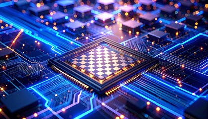 Obraz premium Futuristic microchip with integrated chessboard pattern and glowing circuitry