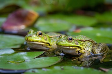 Fototapeta premium Two vibrant green frogs sit on large lily pads in a serene pond, enjoying a sunny day. Reflections in the water create a peaceful atmosphere among the greenery