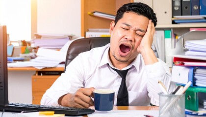 A man yawning at his desk while holding a cup of coffee, showing signs of fatigue and stress. He is overworked and needing an energy boost to get through the day.