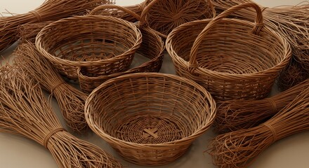 Bundles of long wheat-colored grass surround woven baskets, some with handles, on a light surface