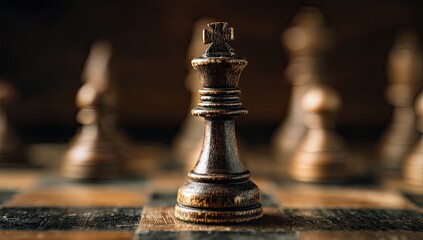 Fototapeta premium A solitary black king chess piece, focused, amidst a blurred array of other chess pieces