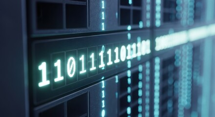 Close-up of data center with binary code on display screens