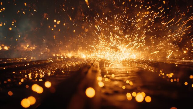 Sparks fly from metalwork in dark setting