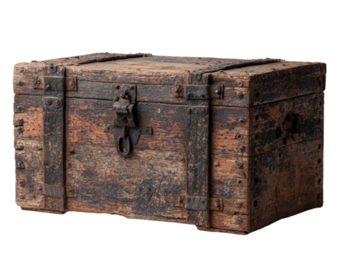 Antique wooden chest, weathered with timeworn appeal, a rustic artifact of history, isolated on a