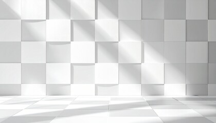 Minimal white 3D cubes wall with soft light and checkered floor