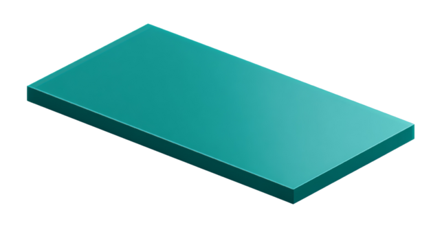 Dimensional turquoise block floating on an expansive transparent canvas with depth perception and