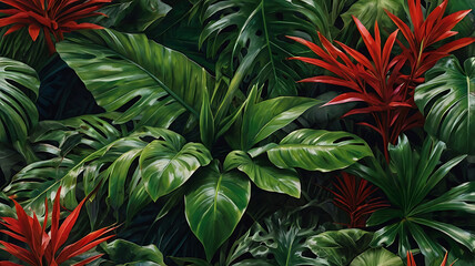 Fototapeta premium Featuring a dense arrangement of large, lush Colorful leaves.