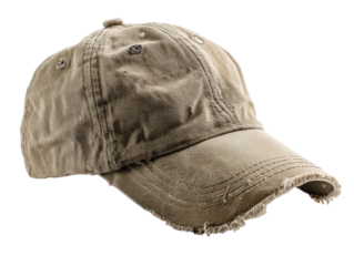 Distressed khaki baseball cap with worn details isolated on transparent backdrop