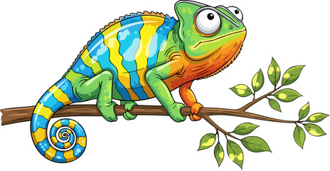 vibrant chameleon on branch a whimsical reptile illustration, exotic pet, vibrant colors, cartoon style, isolated on transparent background