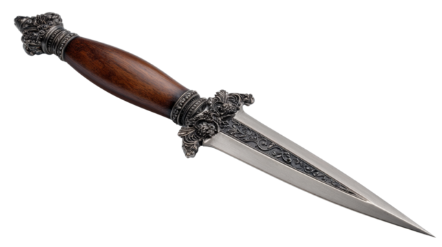 Elaborate antique dagger with intricate metalwork and wooden hilt showcased against an isolated