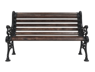 Detailed cutout of a vintage park bench constructed from wood and ornate metalwork