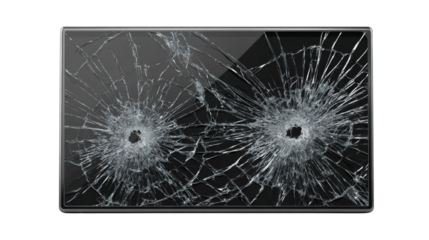 Shattered reality showcasing a tablet with dual impact fractures against transparency