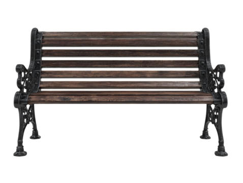 Detailed cutout of a vintage park bench constructed from wood and ornate metalwork